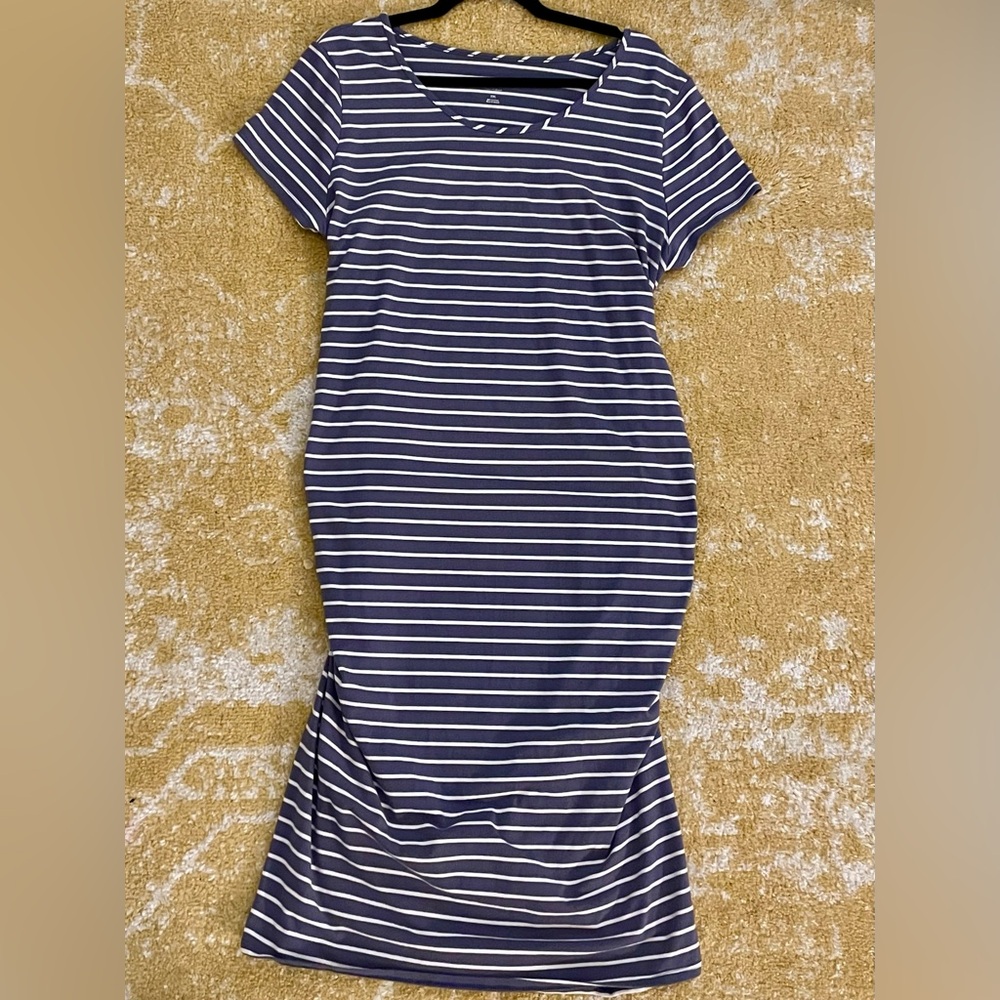 Ingrid & Isabel Gray and White Striped Midi Maternity Dress